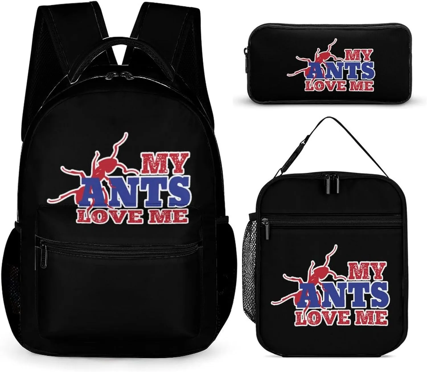 My Ants Love Me 3 Pcs Backpacks Set Combination 16“ Travel Backpack Portable Lunch Bag Pencil Case for Unisex