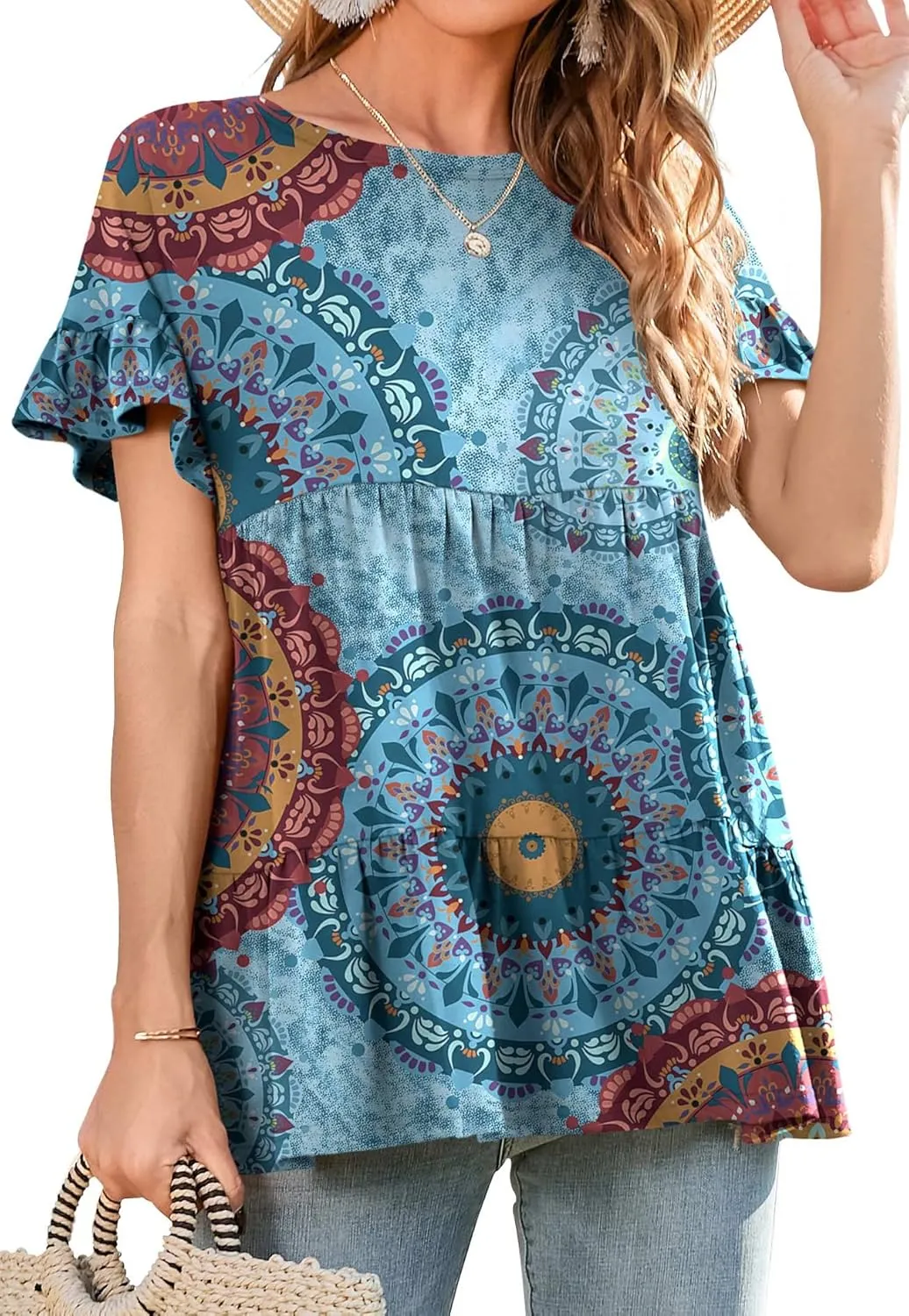 Neineiwu Women's Casual Ruffle Short Sleeve Crewneck Loose Tops Blouses Tunics