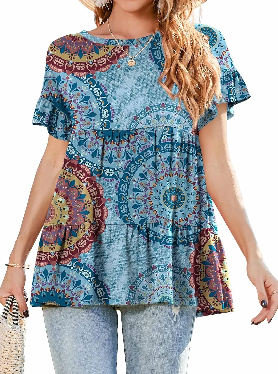Neineiwu Women's Casual Ruffle Short Sleeve Crewneck Loose Tops Blouses Tunics