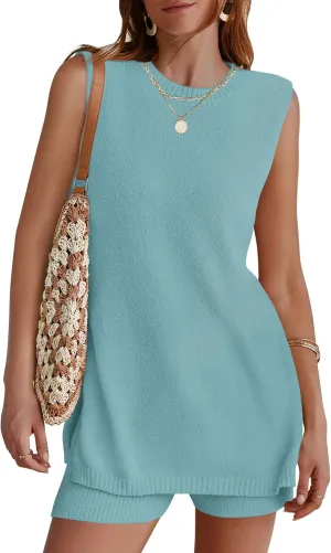 NENONA Women's Summer Sleeveless Sweater Lounge Sets Casual Loose Fit Tunic Tops and Shorts 2 Piece Vacation Outfits
