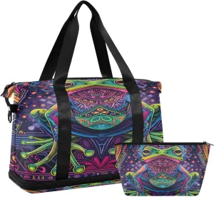 Neon Frog Travel Duffel Bag Waterproof Gym Sport Tote Bag Carry On Weekender Bag with Compartment