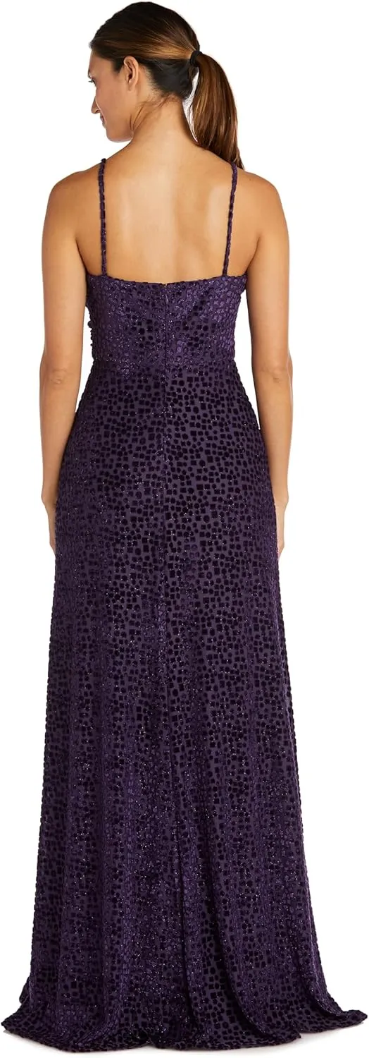 Nightway Women's Long Velvet Mock Wrap Dress W/Sheer V Inset & Side Slit
