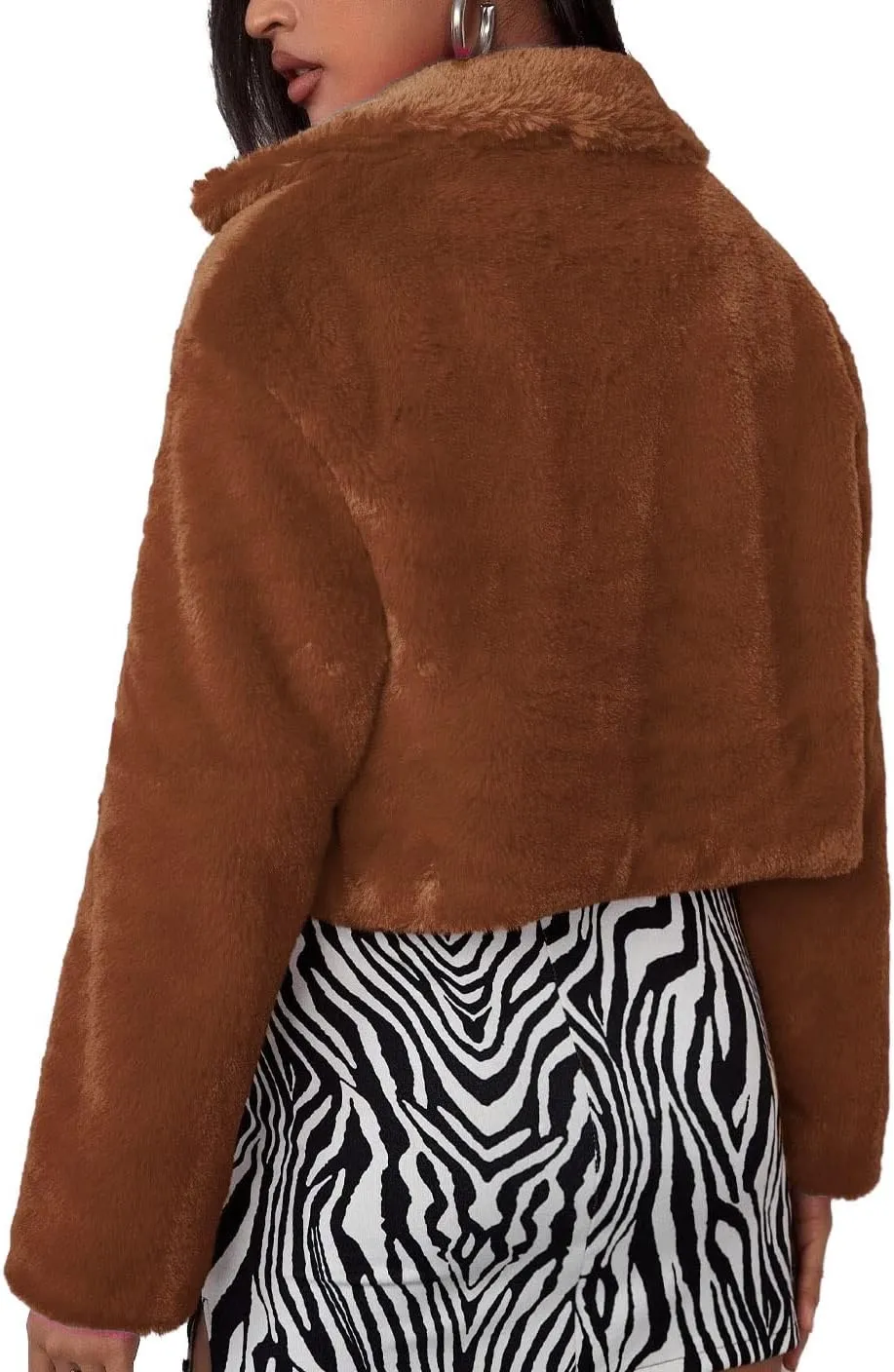 Nihsatin Womens Solid Cropped Long Sleeve Shaggy Jacket Lapel Faux Fur Coat Outwear Warm Winter