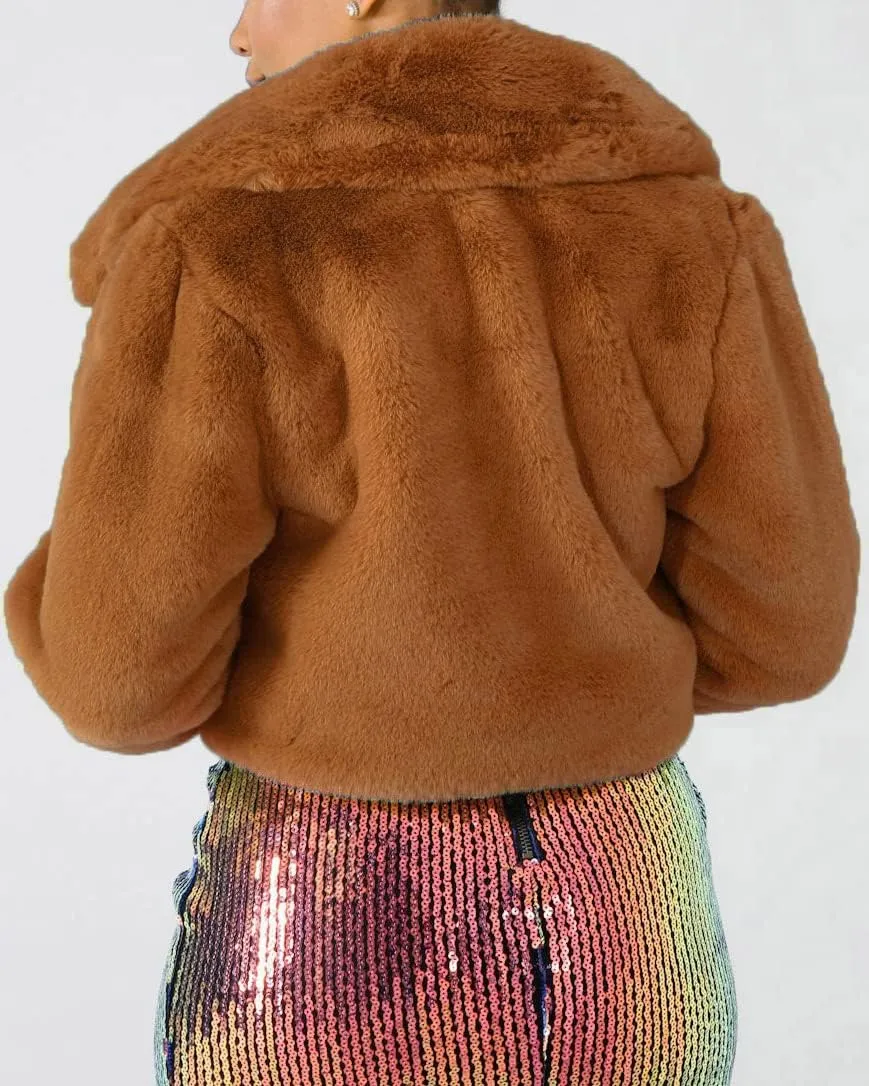 Nihsatin Womens Solid Cropped Long Sleeve Shaggy Jacket Lapel Faux Fur Coat Outwear Warm Winter