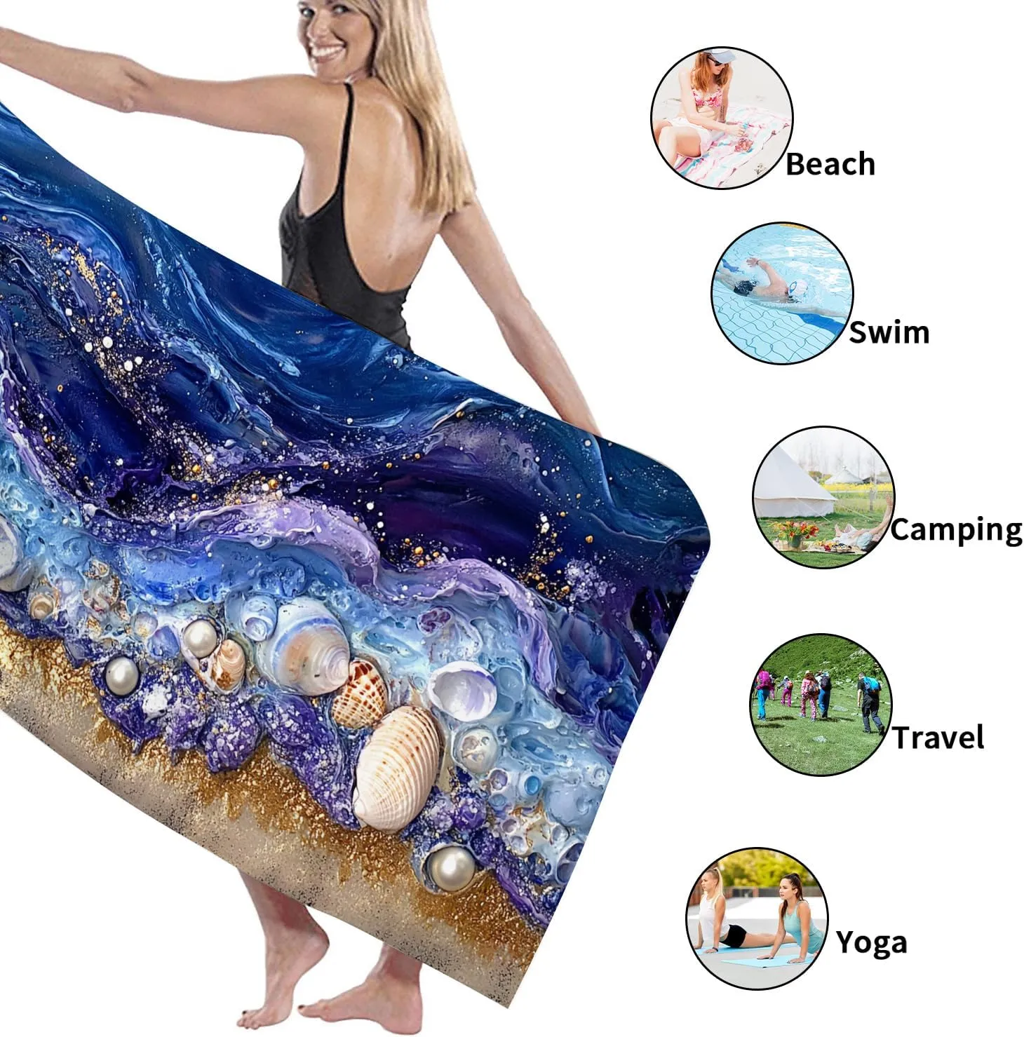 Ocean Waves Colored Beach Towel Artistic Sea Shells Absorbent Soft Oversize Sand Free Lightweight Beach Blanket, Tropical Travel Pool Picnic Essentials 70x35 Inch