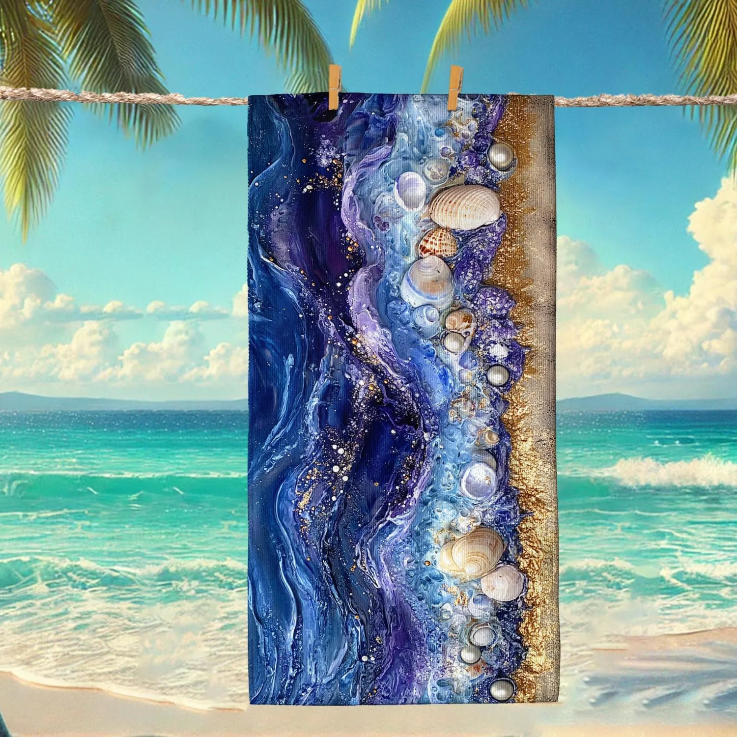 Ocean Waves Colored Beach Towel Artistic Sea Shells Absorbent Soft Oversize Sand Free Lightweight Beach Blanket, Tropical Travel Pool Picnic Essentials 70x35 Inch