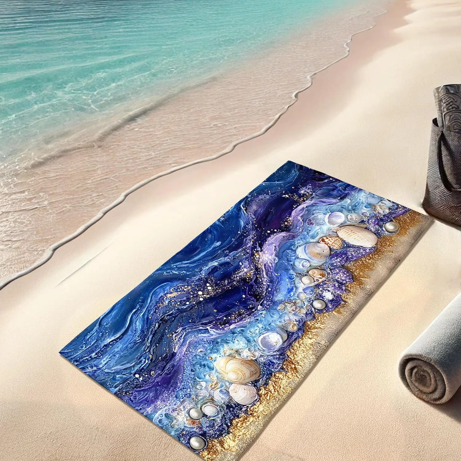 Ocean Waves Colored Beach Towel Artistic Sea Shells Absorbent Soft Oversize Sand Free Lightweight Beach Blanket, Tropical Travel Pool Picnic Essentials 70x35 Inch