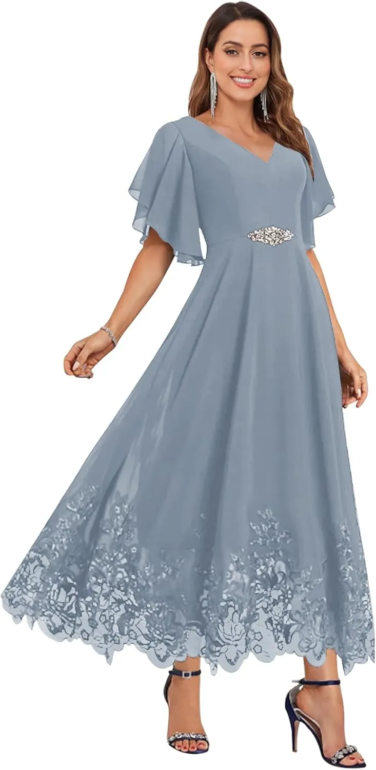 OFEECHUN Women's V Neck Chiffon Mother of The Bride Dresses for Wedding Tea Length Lace Formal Dress with Sleeves