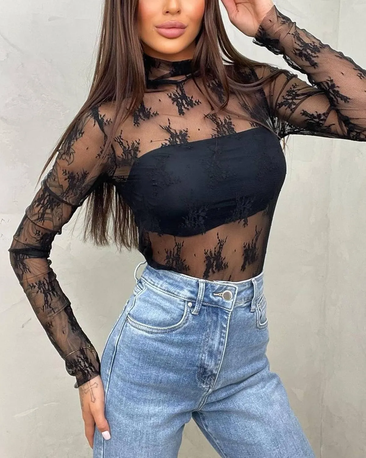 OFEEFAN Womens Long Sleeve Mesh Top See Through Mock Neck Sheer Blouses