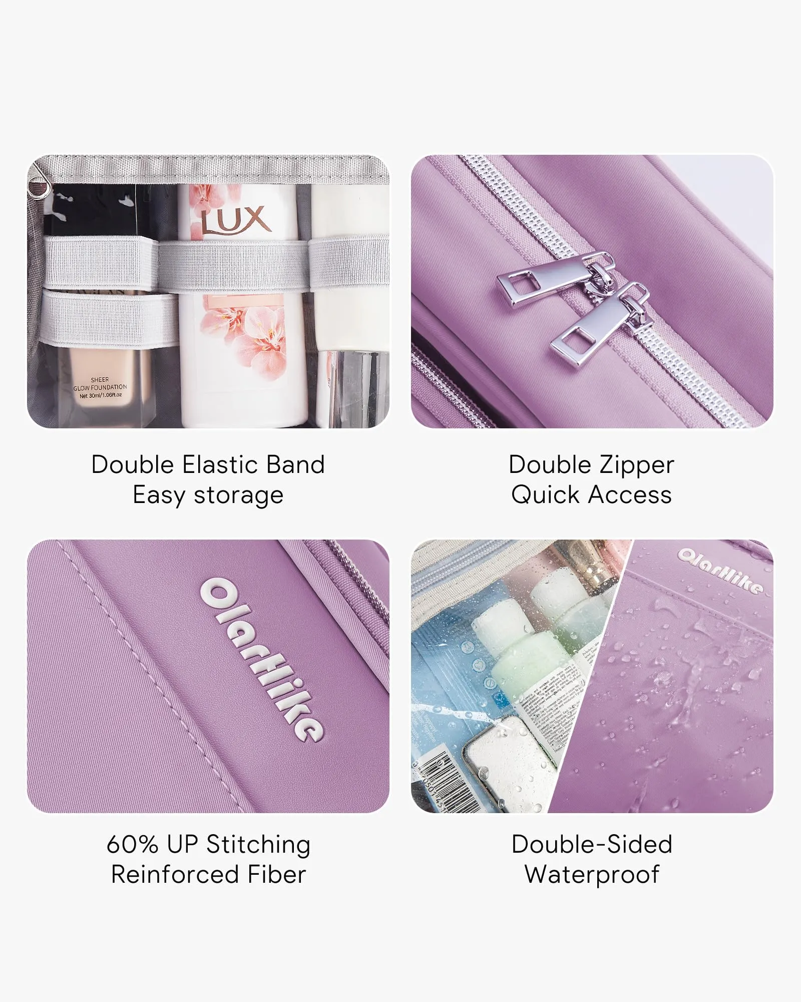 OlarHike Toiletry Bag,Large Size Waterproof Leather Hanging Bags, Makeup Jewelry 3 in 1 Essentials Travel Packing Organizers, Fulled-Sized Family Pack, Shampoo, Conditioner, Brushes Set (Purple)