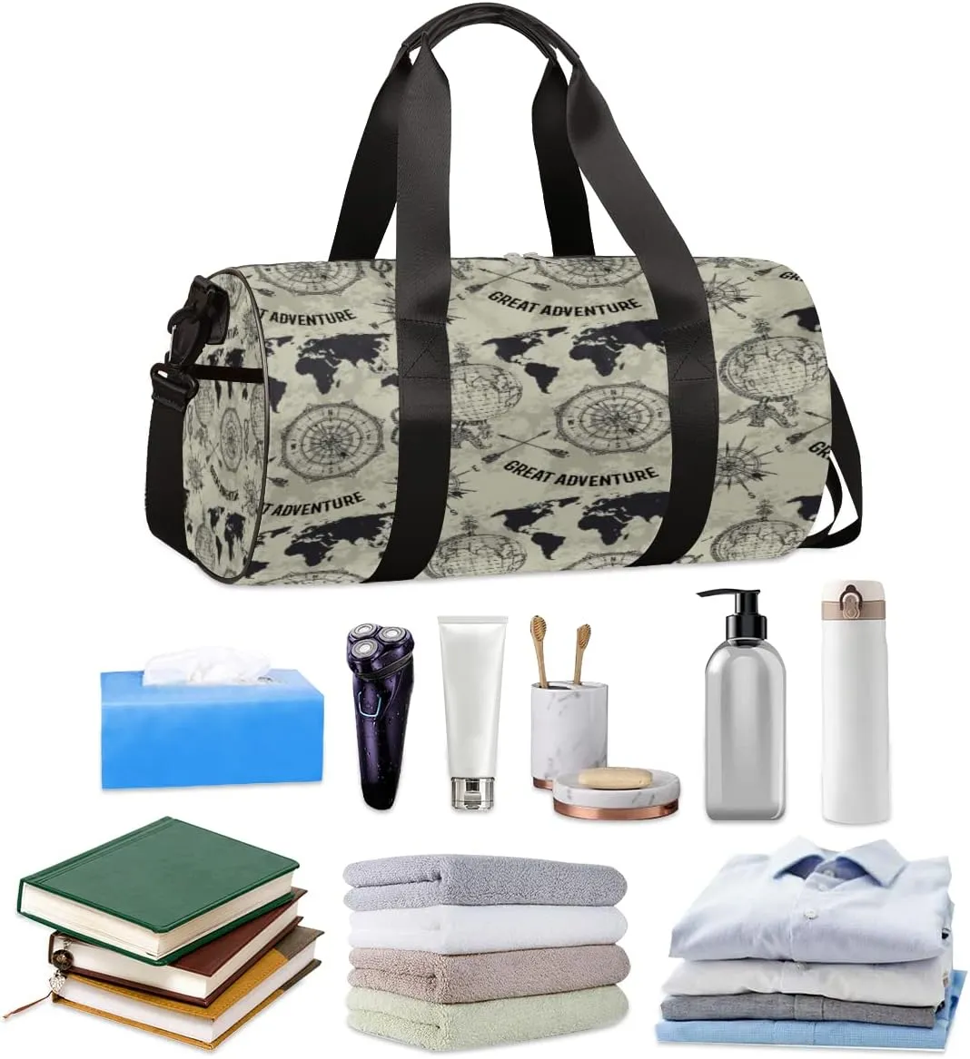 Old Adventure Map Gym Bag Small Gym Duffel Bags for Men Women Gray Overnight Weekender Bag Lightweight Sport Duffle Bag Carry On Gymbag