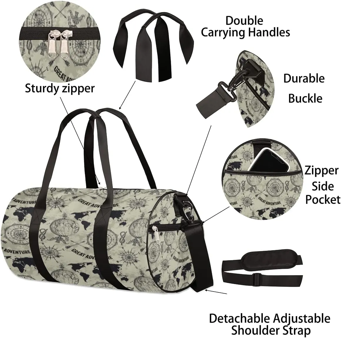Old Adventure Map Gym Bag Small Gym Duffel Bags for Men Women Gray Overnight Weekender Bag Lightweight Sport Duffle Bag Carry On Gymbag
