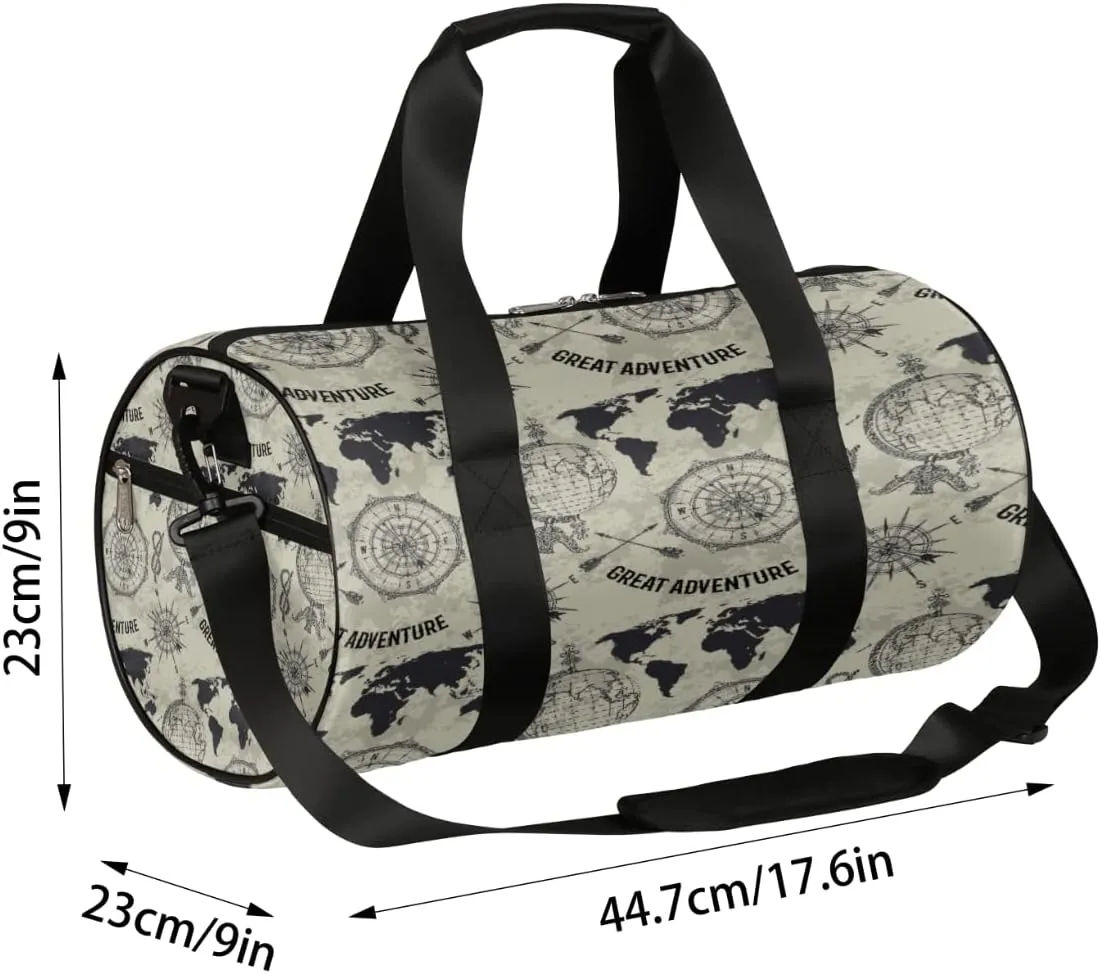 Old Adventure Map Gym Bag Small Gym Duffel Bags for Men Women Gray Overnight Weekender Bag Lightweight Sport Duffle Bag Carry On Gymbag