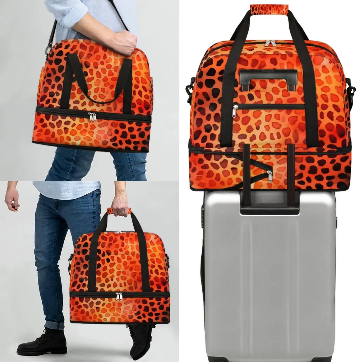 Orange Leopard Skin Foldable Duffle Bag with Shoes Compartment Large Capacity Waterproof Travel Weekender Bag Overnight Bag for Sports Gym