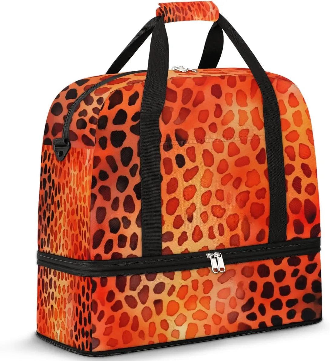 Orange Leopard Skin Foldable Duffle Bag with Shoes Compartment Large Capacity Waterproof Travel Weekender Bag Overnight Bag for Sports Gym