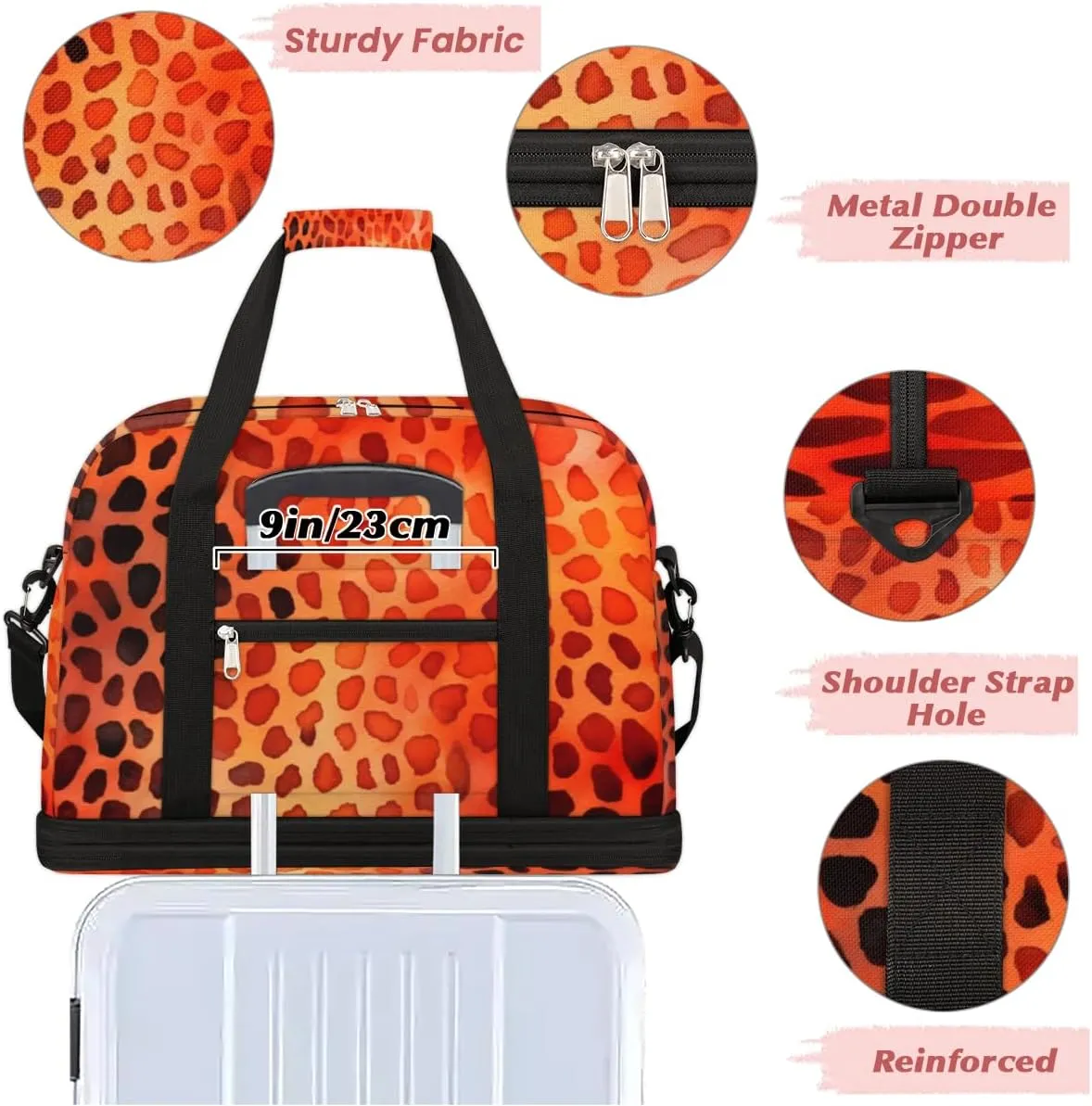 Orange Leopard Skin Foldable Duffle Bag with Shoes Compartment Large Capacity Waterproof Travel Weekender Bag Overnight Bag for Sports Gym