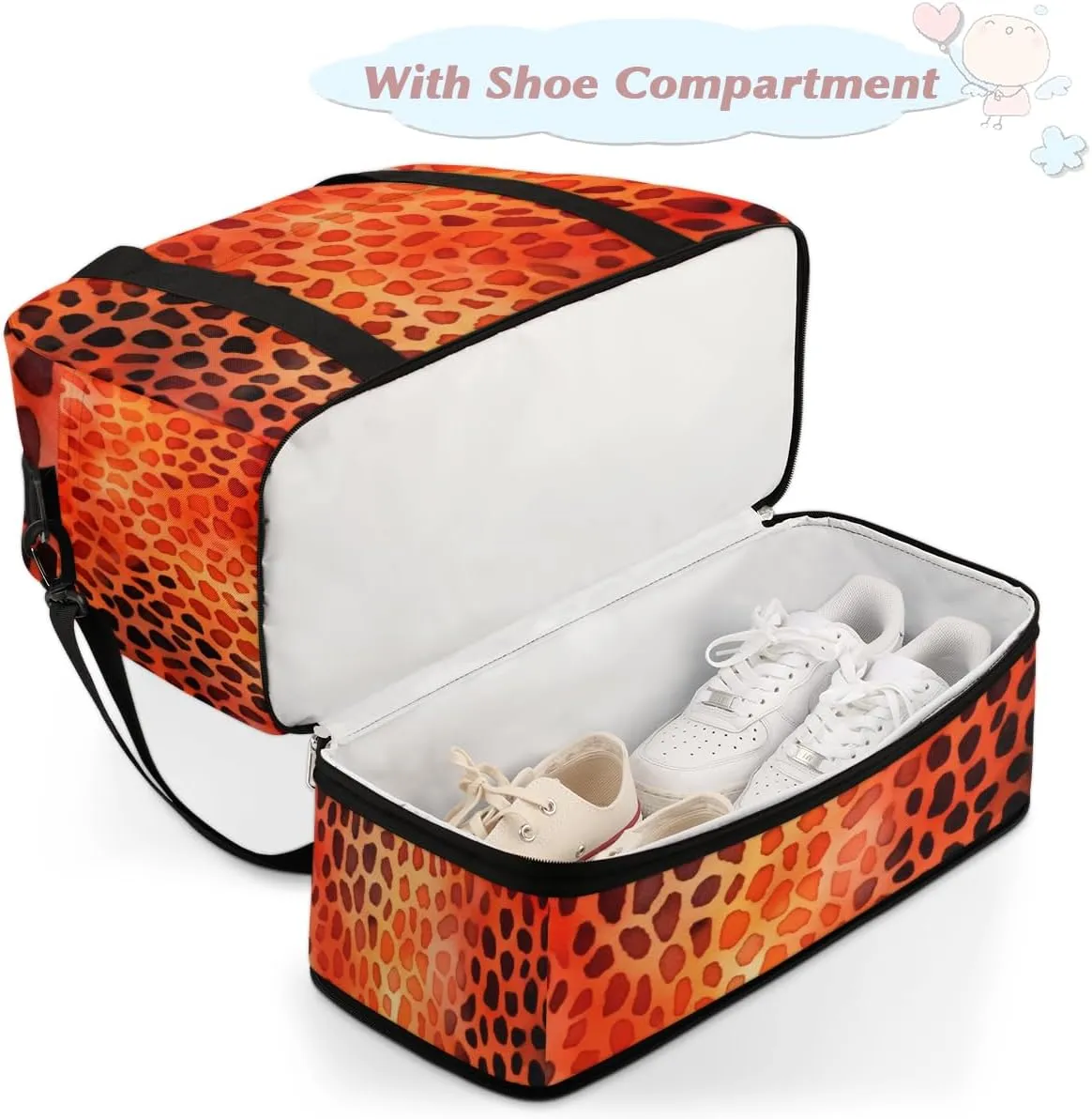 Orange Leopard Skin Foldable Duffle Bag with Shoes Compartment Large Capacity Waterproof Travel Weekender Bag Overnight Bag for Sports Gym