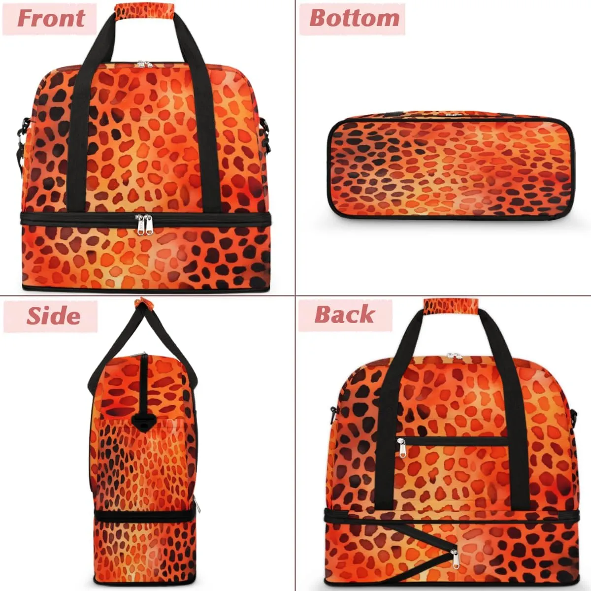 Orange Leopard Skin Foldable Duffle Bag with Shoes Compartment Large Capacity Waterproof Travel Weekender Bag Overnight Bag for Sports Gym
