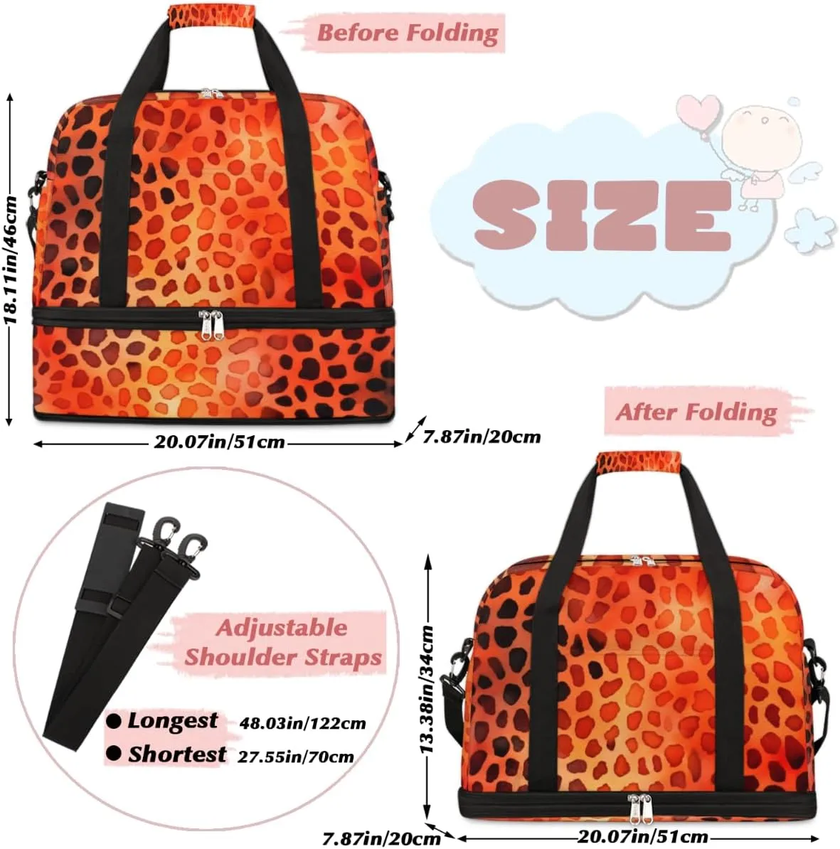 Orange Leopard Skin Foldable Duffle Bag with Shoes Compartment Large Capacity Waterproof Travel Weekender Bag Overnight Bag for Sports Gym