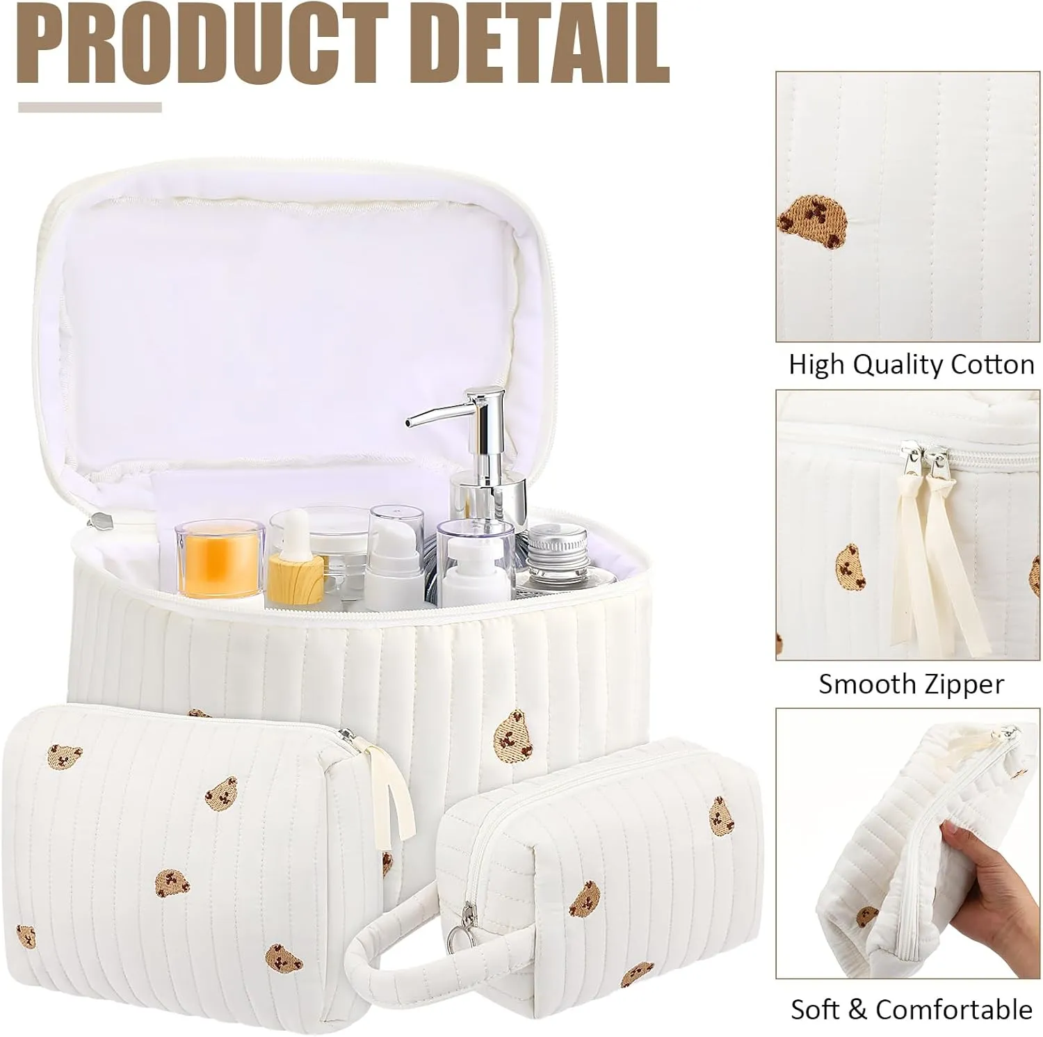 Paterr 3 Pieces Cotton Quilted Makeup Bag Set Coquette Cosmetic Bag Aesthetic Travel Toiletry pouch Cute Pouch Kawaii Aesthetic for Women(White,Little Bear)