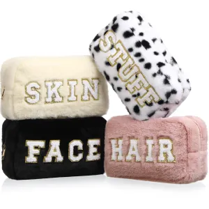 Paterr 4 Pieces Chenille Letter Preppy Patches Makeup Bag Plush Fuzzy Cosmetic Hair Face Skin Toiletry Travel Bag Pouch with Zipper Preppy Stuff for Girls Women(Trendy Color)