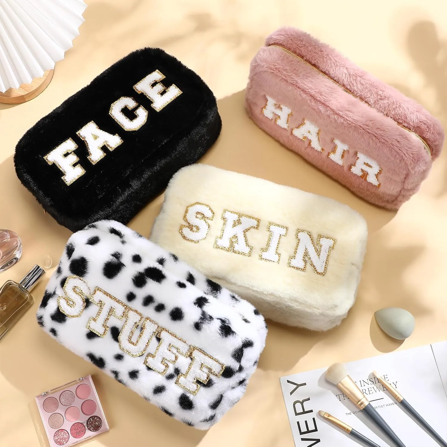 Paterr 4 Pieces Chenille Letter Preppy Patches Makeup Bag Plush Fuzzy Cosmetic Hair Face Skin Toiletry Travel Bag Pouch with Zipper Preppy Stuff for Girls Women(Trendy Color)