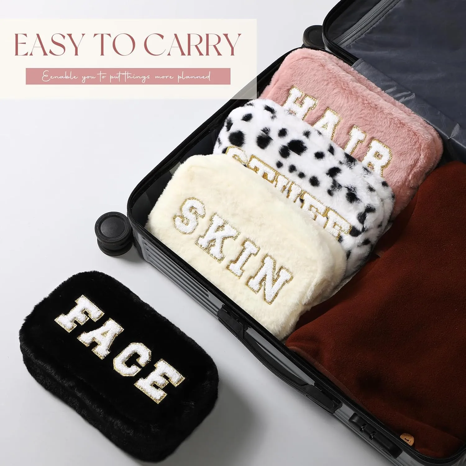 Paterr 4 Pieces Chenille Letter Preppy Patches Makeup Bag Plush Fuzzy Cosmetic Hair Face Skin Toiletry Travel Bag Pouch with Zipper Preppy Stuff for Girls Women(Trendy Color)