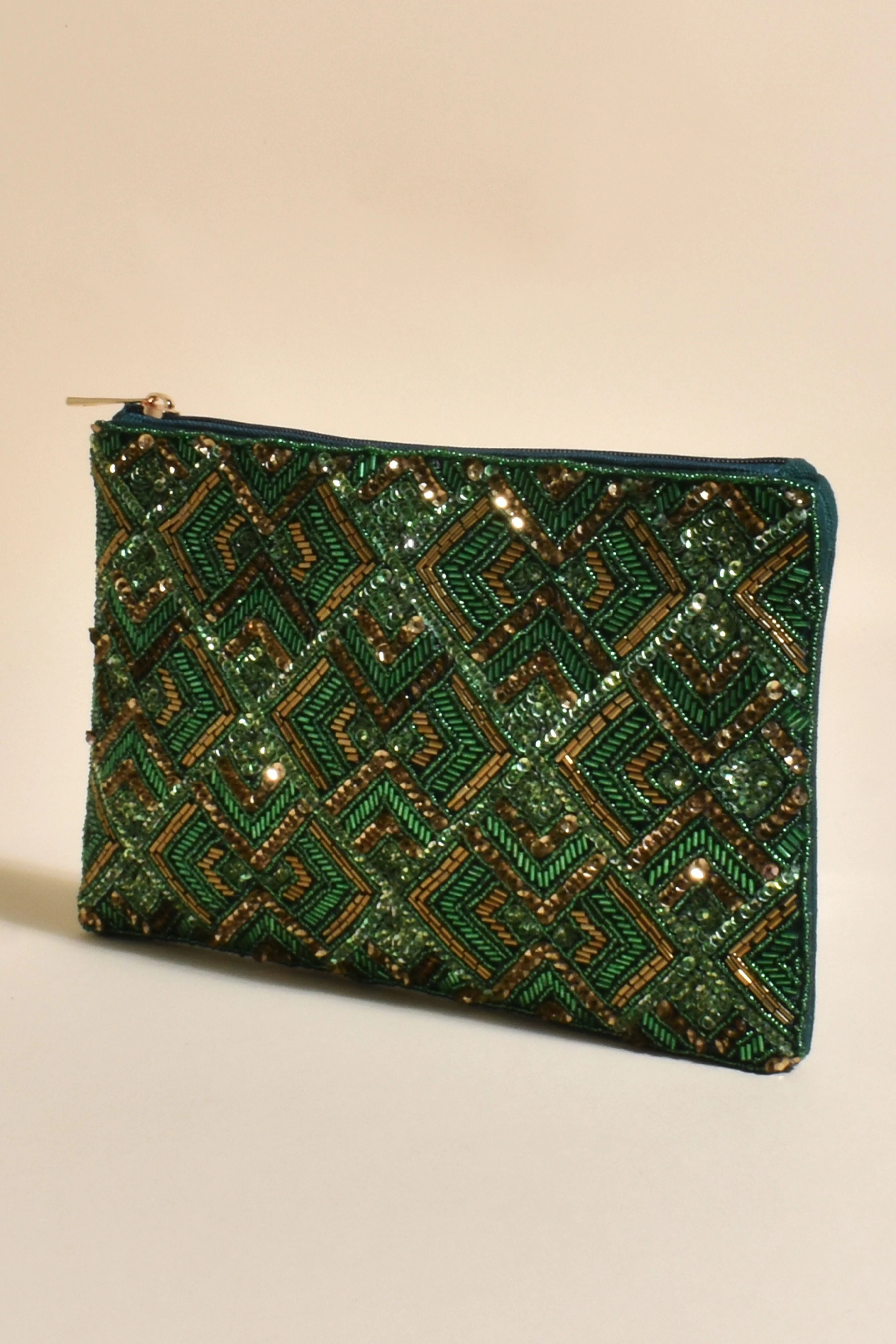Patterned Beaded Zip Top Clutch - Sage Gold