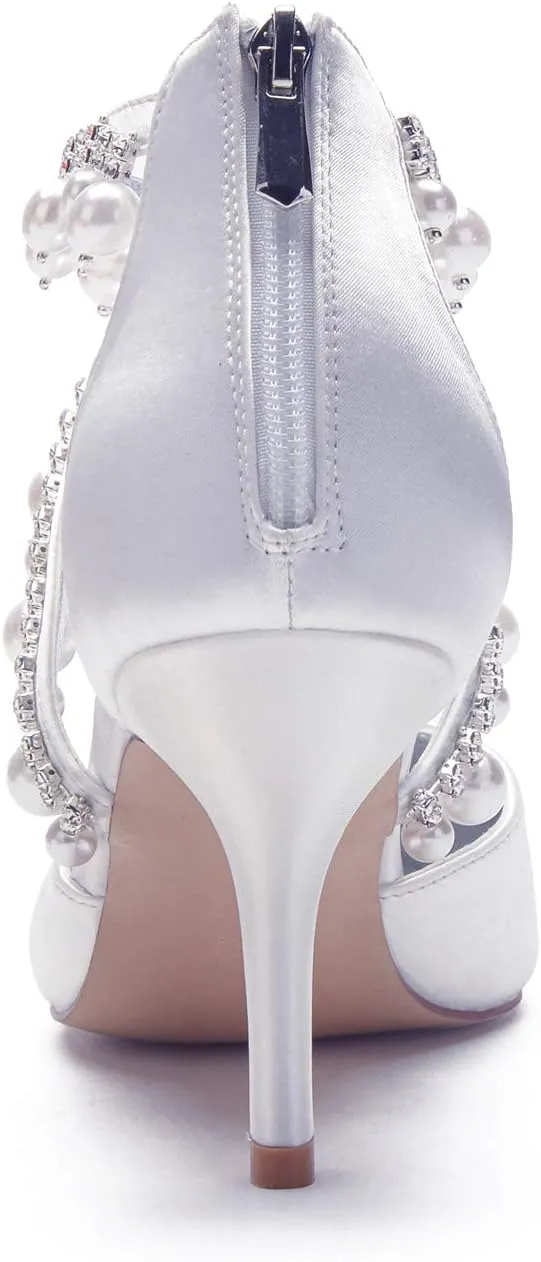 Pearl Mid Heel Shoes for Women Pointed Toe Straps Rhinestone Satin Wedding Bridal Evening Party Dress Shoes
