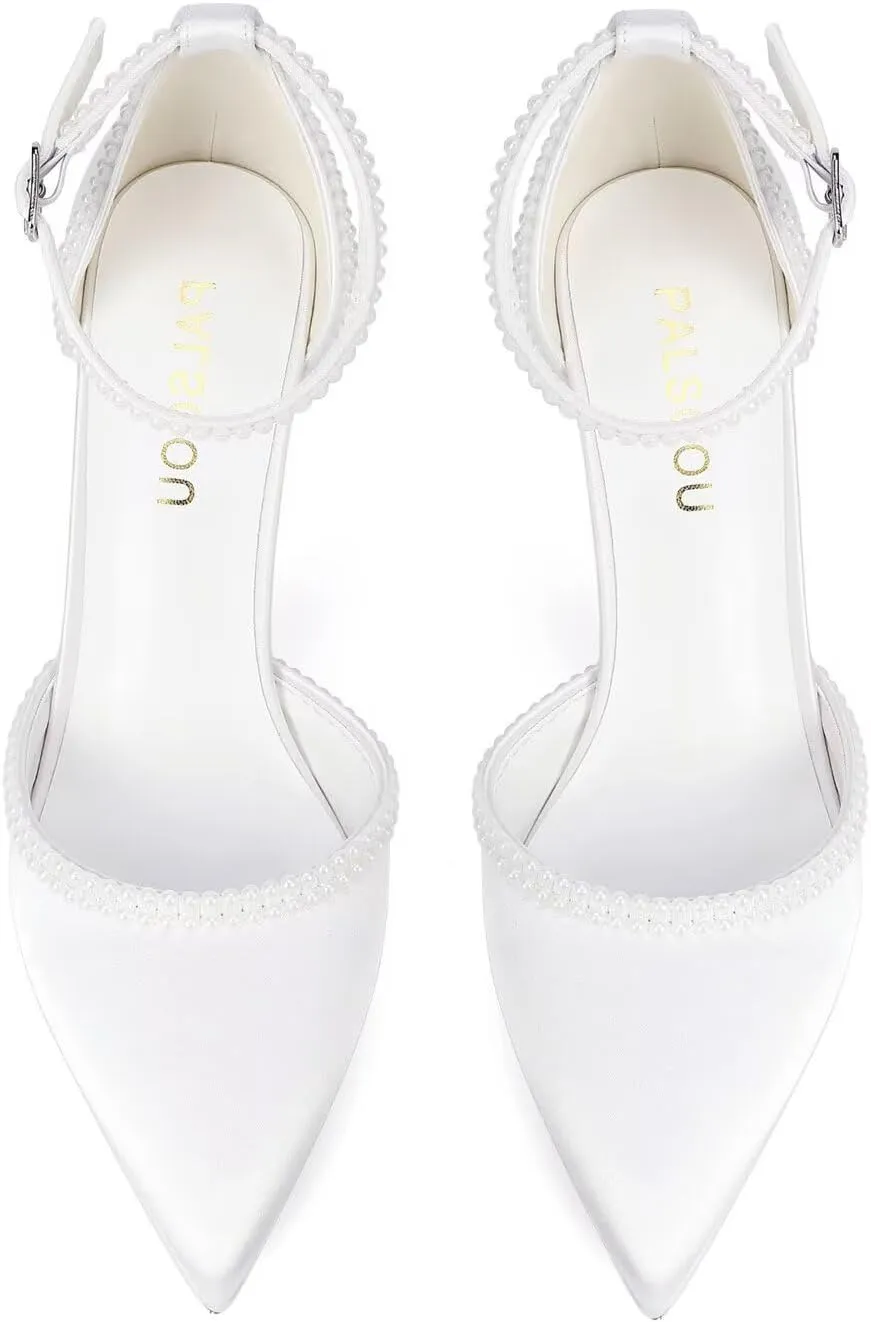 Pearl Wedding Shoes for Bride Closed Toe Bridal Shoes High Heel Ankle Strap Wedding Heels