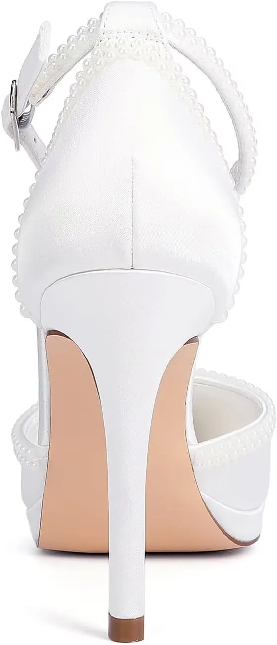 Pearl Wedding Shoes for Bride Closed Toe Bridal Shoes High Heel Ankle Strap Wedding Heels