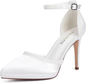 Pearl Wedding Shoes for Bride Closed Toe Bridal Shoes High Heel Ankle Strap Wedding Heels