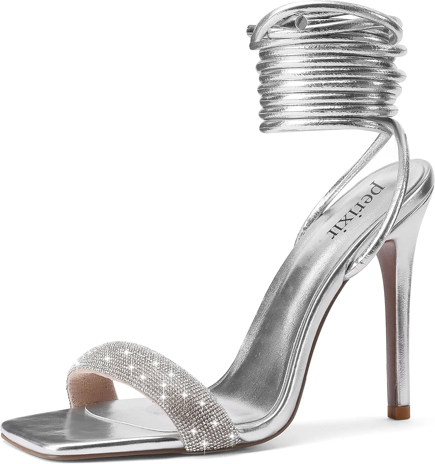 perixir Silver Strappy Heels for Women Sparkly Rhinestone Sexy High Stiletto Lace Up Heels Elegant Dress Summer Sandals