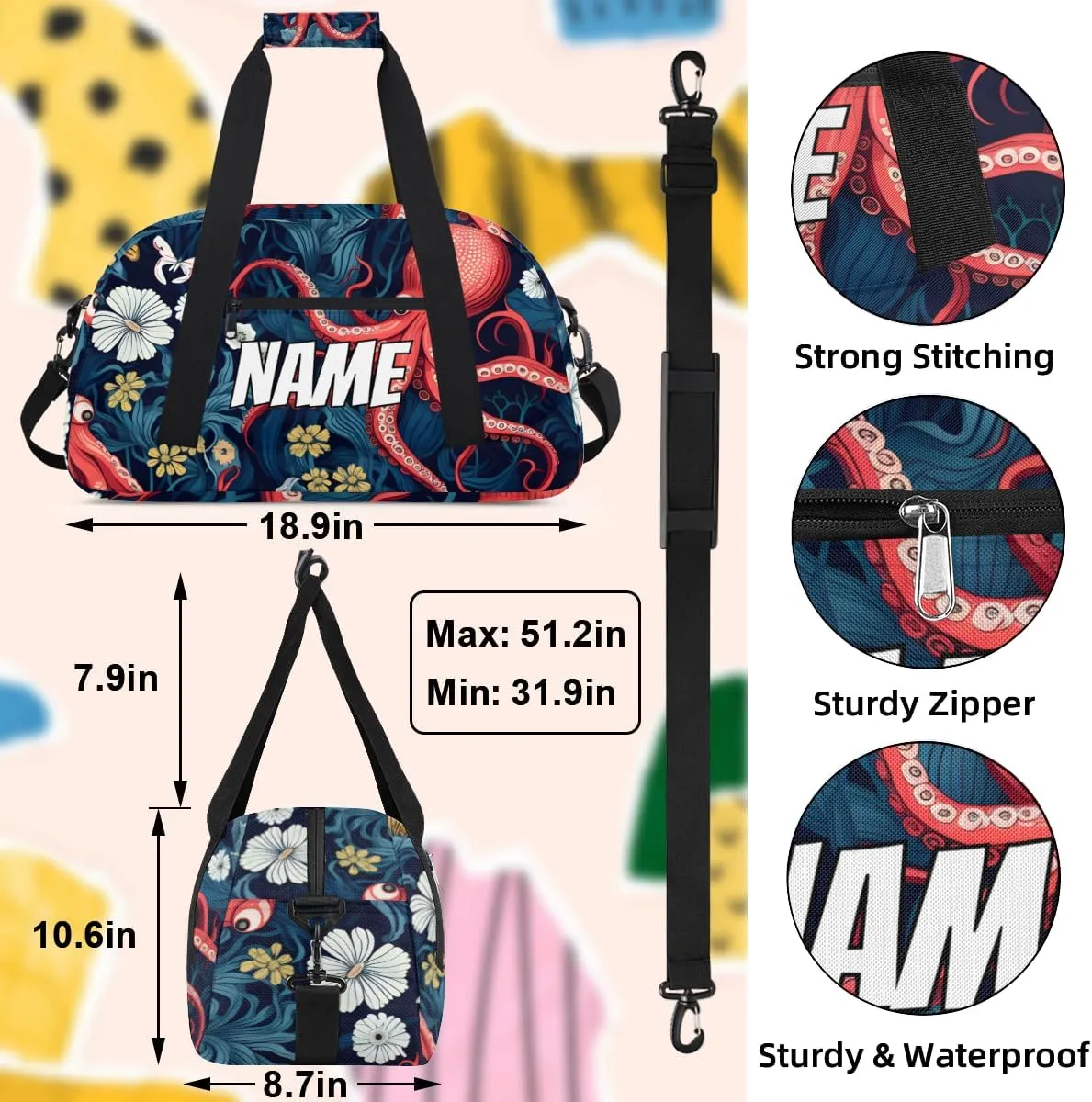 Personalized Custom Gym Bag for Women Men Carry on Tropical Octopus Travel Duffel Tote Ocean Underwater Overnight Workout Weekender Bag