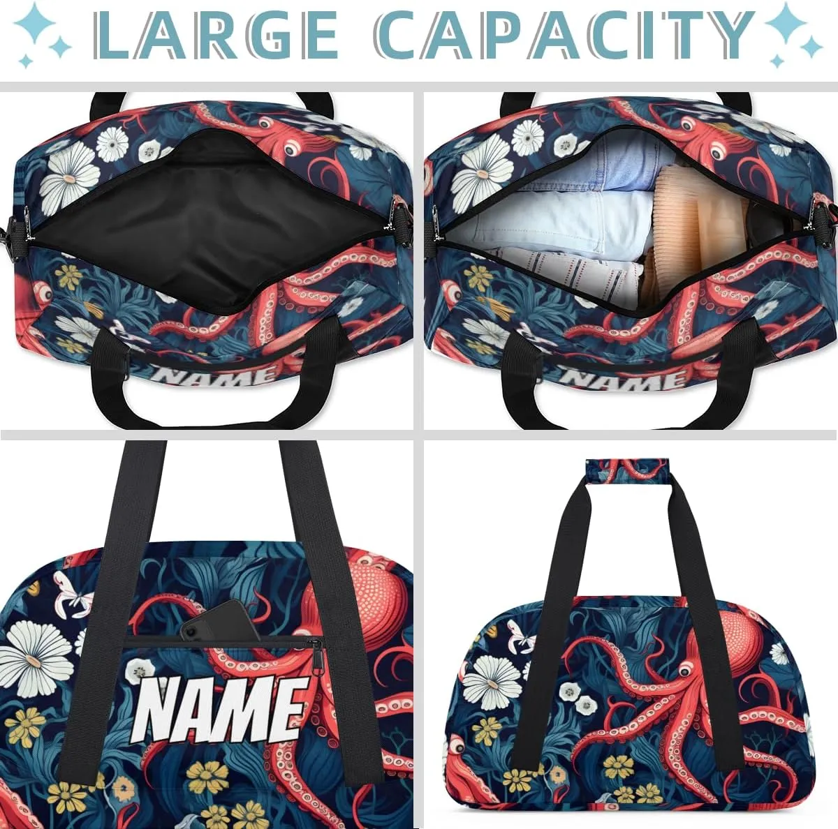 Personalized Custom Gym Bag for Women Men Carry on Tropical Octopus Travel Duffel Tote Ocean Underwater Overnight Workout Weekender Bag