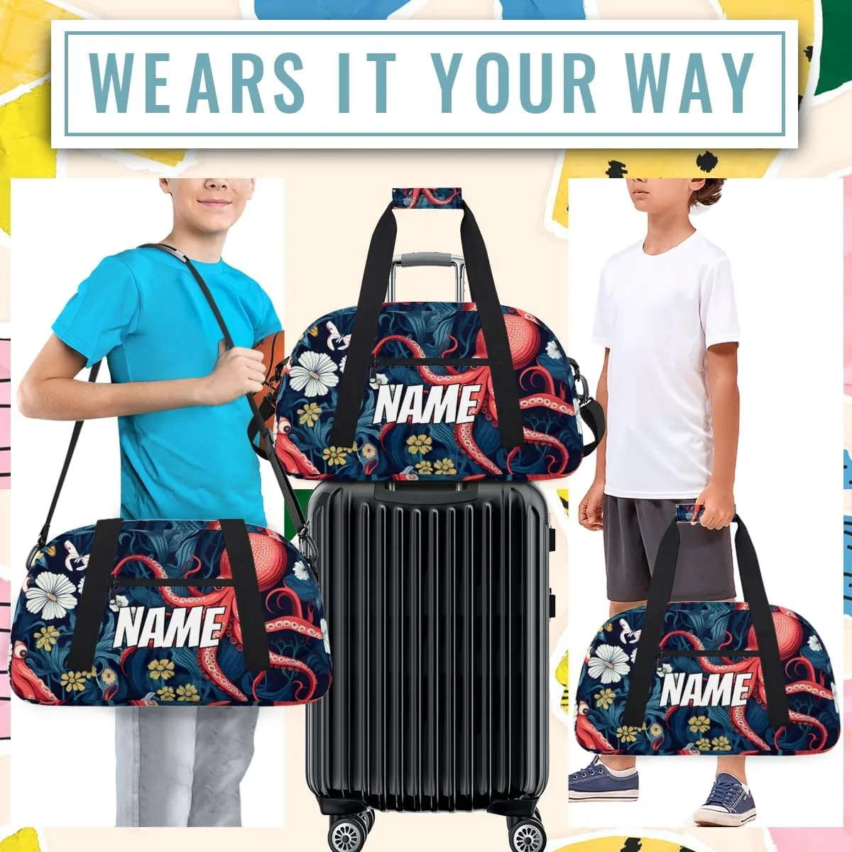 Personalized Custom Gym Bag for Women Men Carry on Tropical Octopus Travel Duffel Tote Ocean Underwater Overnight Workout Weekender Bag