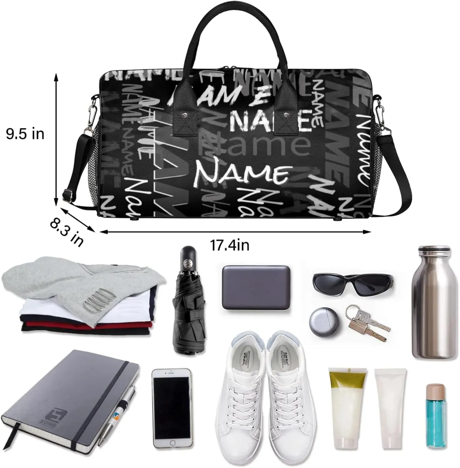Personalized Duffel Travel Bag, Custom Name Sport Gym Bag, Weekender Overnight Bag for Women Men Weekender Overnight Bridesmaid Black