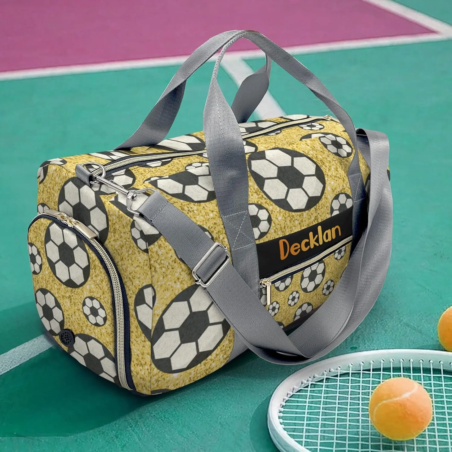 Personalized Sport Dance Bag,Gold Gliiter Print Sport Ball Soccer Custom Duffle Bag Gym Bag Customized Travel Duffel Bag with Name or Text