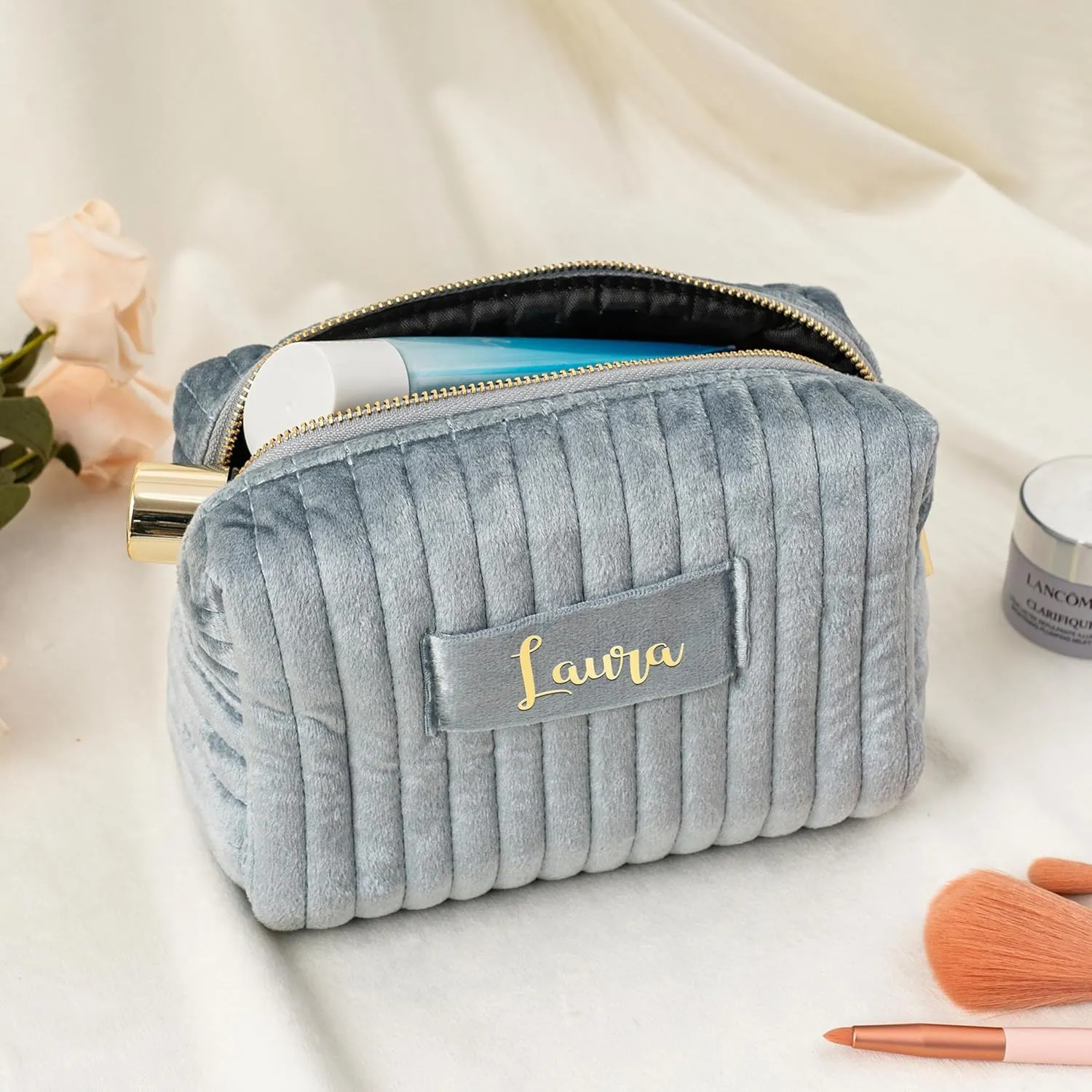 Personalized Velvet Makeup Bag, Custom Name Travel Toiletry Bag for Women, Mother's Day Gift for Her, Large Cosmetic Pouch for Bridesmaid Gifts Wedding Gift, Blue