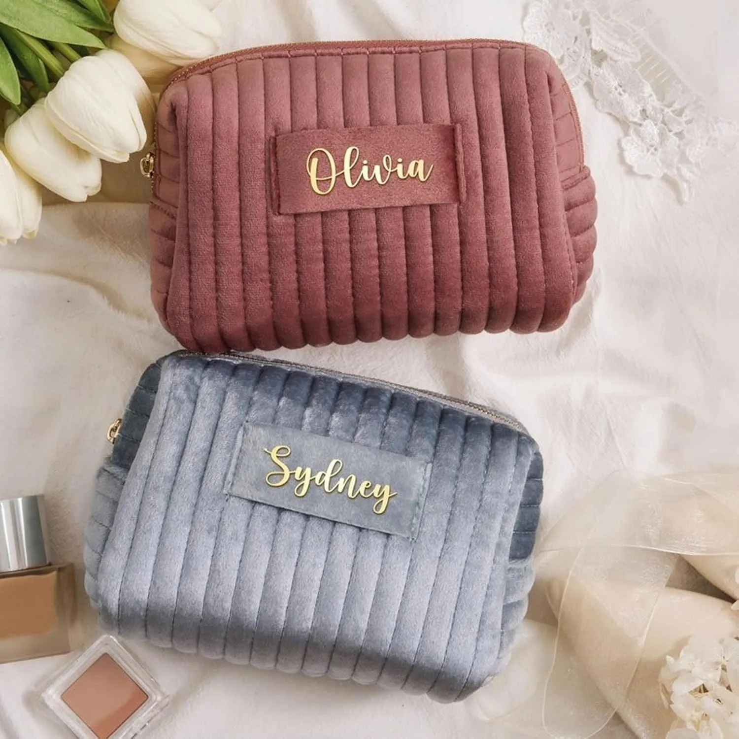 Personalized Velvet Makeup Bag, Custom Name Travel Toiletry Bag for Women, Mother's Day Gift for Her, Large Cosmetic Pouch for Bridesmaid Gifts Wedding Gift, Blue