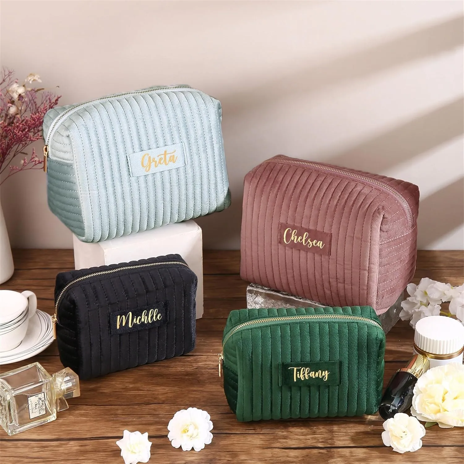 Personalized Velvet Makeup Bag, Custom Name Travel Toiletry Bag for Women, Mother's Day Gift for Her, Large Cosmetic Pouch for Bridesmaid Gifts Wedding Gift, Blue