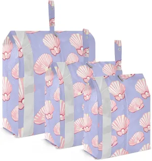 Pink Seashells Travel Storage Bag with Lanyard - Portable Lightweight Classified Storage Bag with Zipper, Dust and Waterproof Travel Packing Cube for Suitcase,3 Pieces