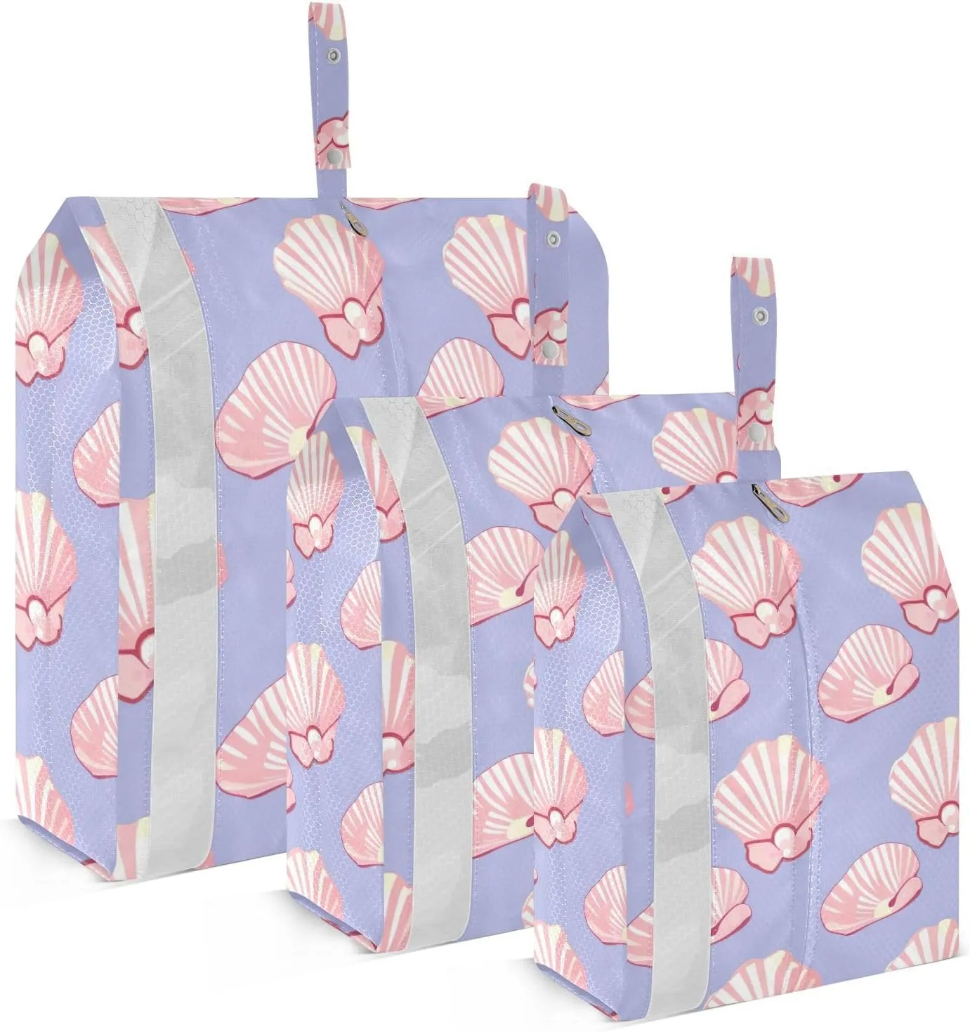Pink Seashells Travel Storage Bag with Lanyard - Portable Lightweight Classified Storage Bag with Zipper, Dust and Waterproof Travel Packing Cube for Suitcase,3 Pieces