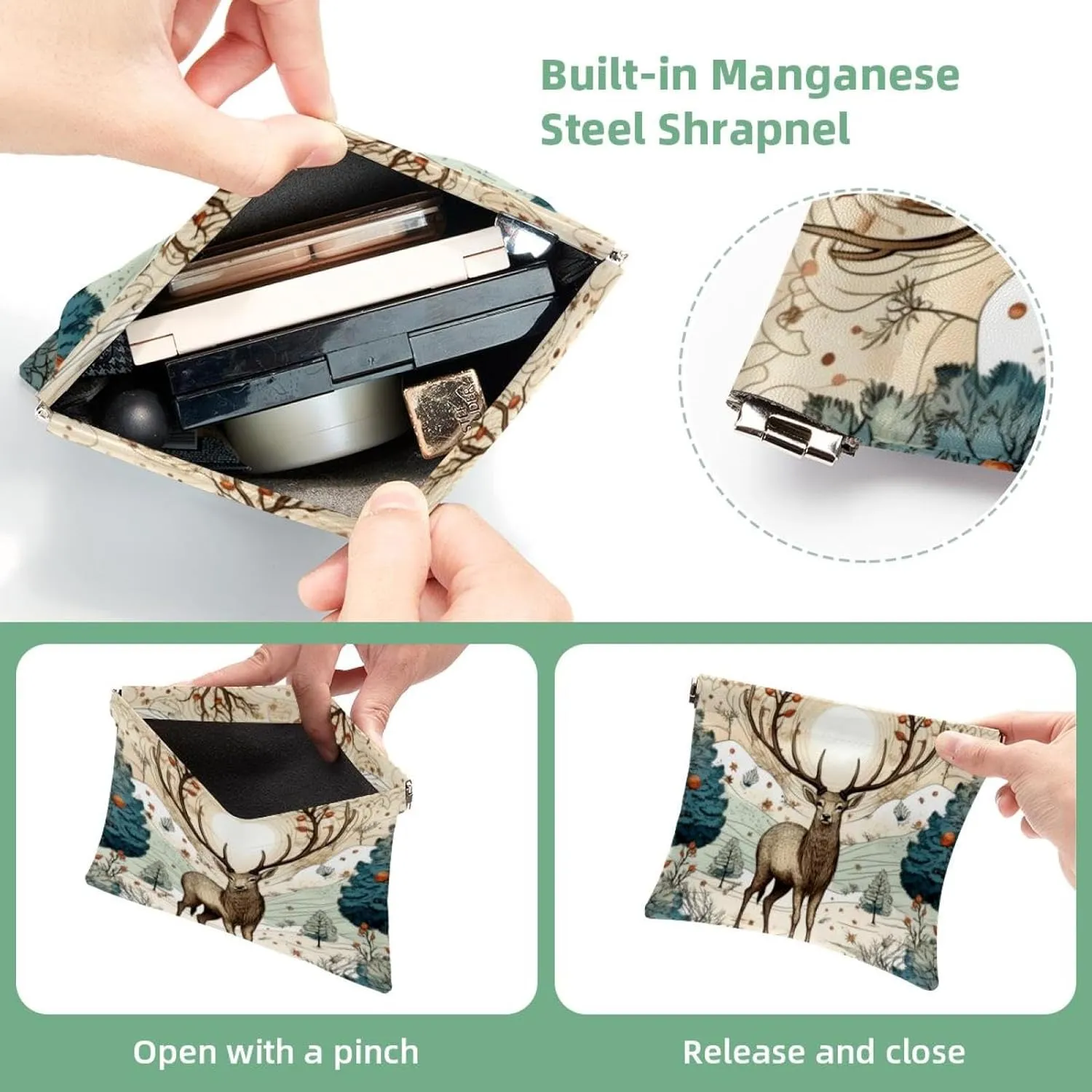 Pocket Cosmetic Bag Squeeze Top, Cute Christmas Elk-1869 Waterproof Travel Makeup Bag for Purse, Portable Mini Makeup Pouch No Zipper for Women