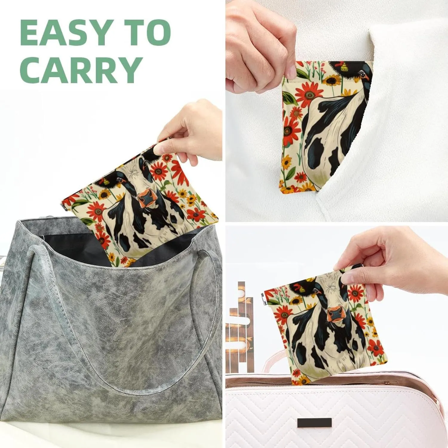 Pocket Cosmetic Bag Squeeze Top, Farmhouse Cow with Flowers Pattern Waterproof Travel Makeup Bag for Purse, Portable Mini Makeup Pouch No Zipper for Women