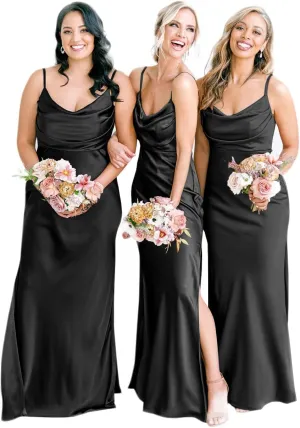 POMUYOO Satin Bridesmaid Dresses for Women Long Spagheti Straps Cowl Neck Formal Evening Gown with Slit