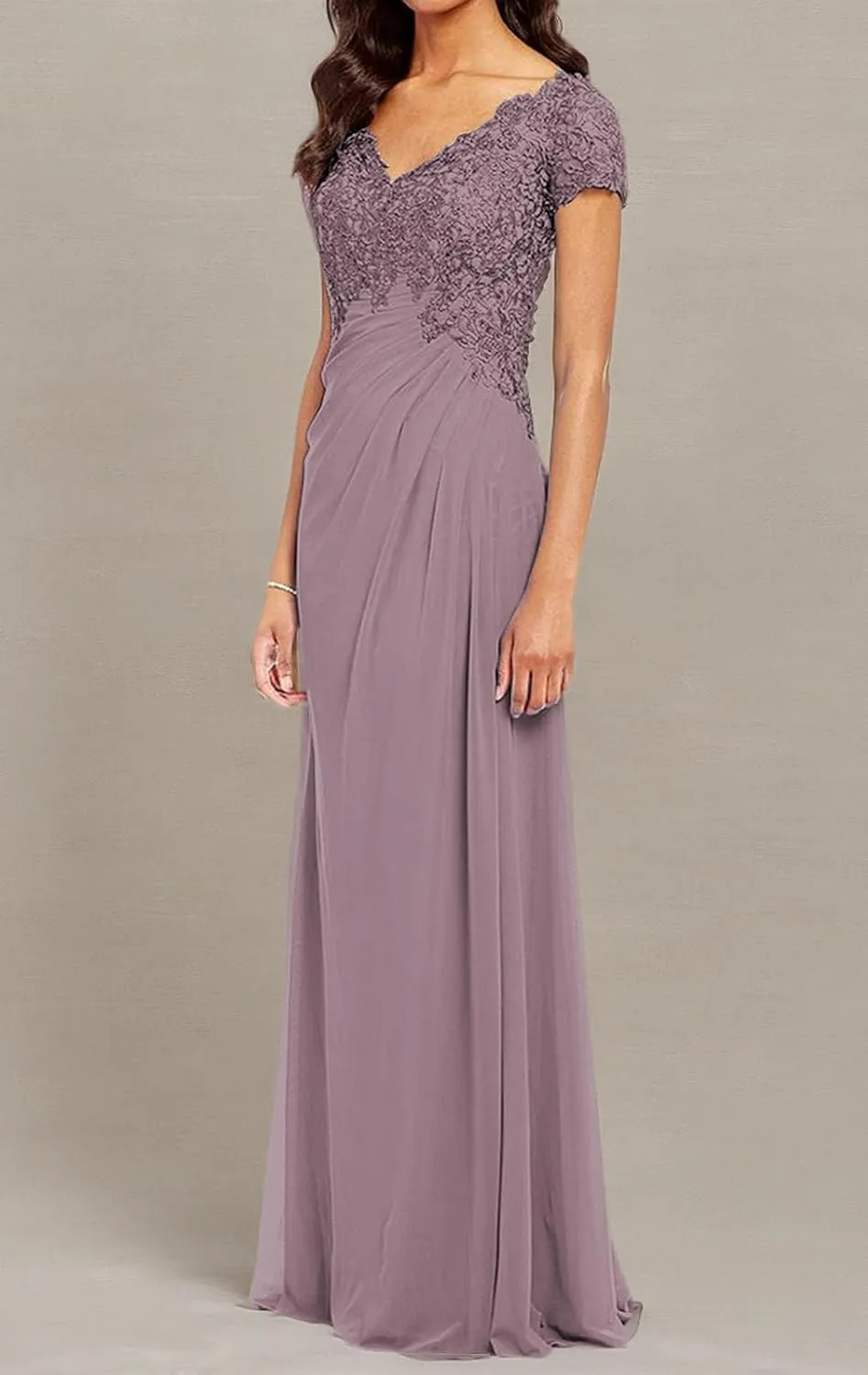 POMUYOO Women's V-Neck Lace Appliques Mother of The Bride Dress Beaded Chiffon Evening Gown with Sleeves YG107