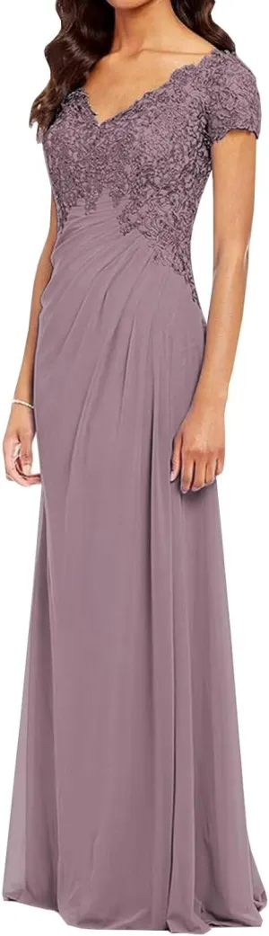 POMUYOO Women's V-Neck Lace Appliques Mother of The Bride Dress Beaded Chiffon Evening Gown with Sleeves YG107