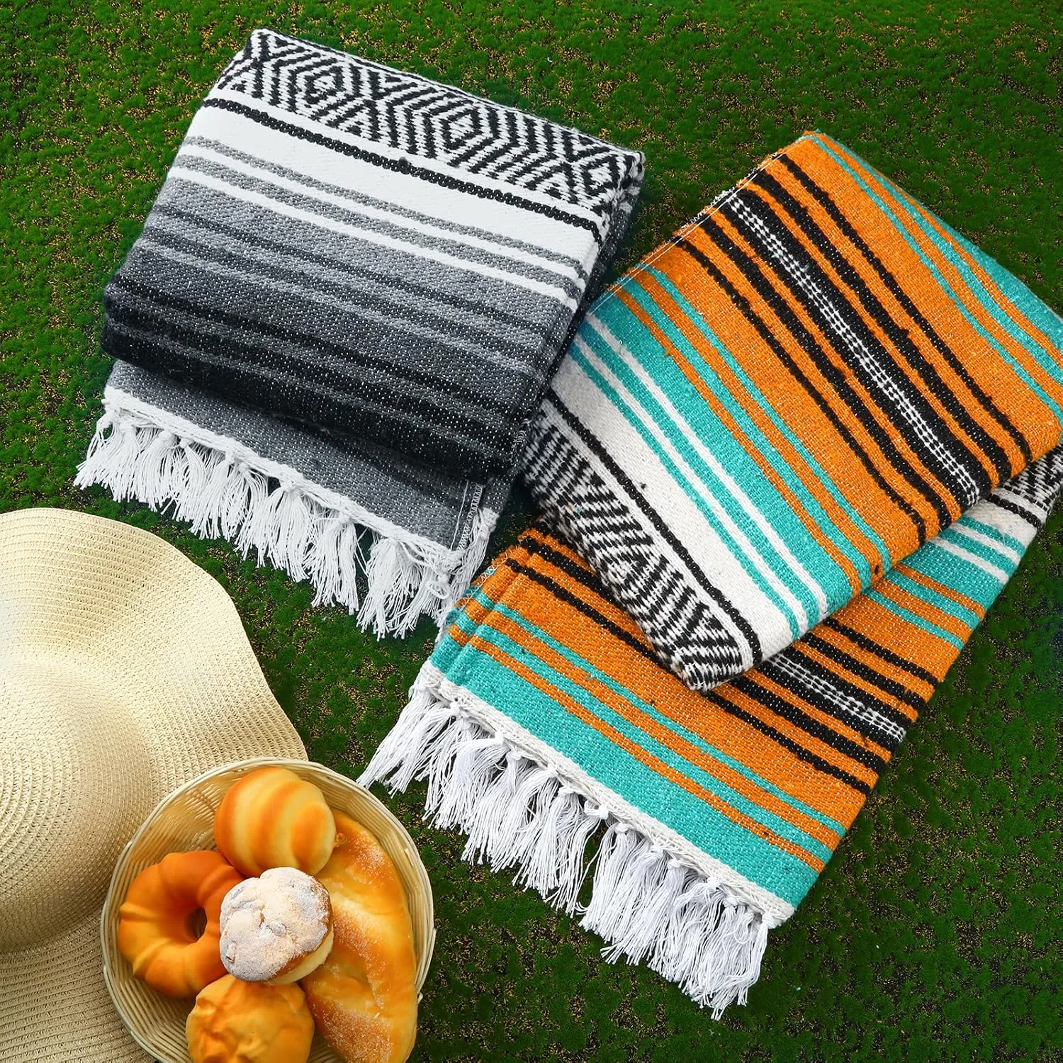 Preboun 4 Pcs Large Mexican Yoga Blanket Pack 45 x 70 Inch Thick Woven Camping Picnic Beach Car Travel Throw Blanket Outdoor Patio Mat Towel