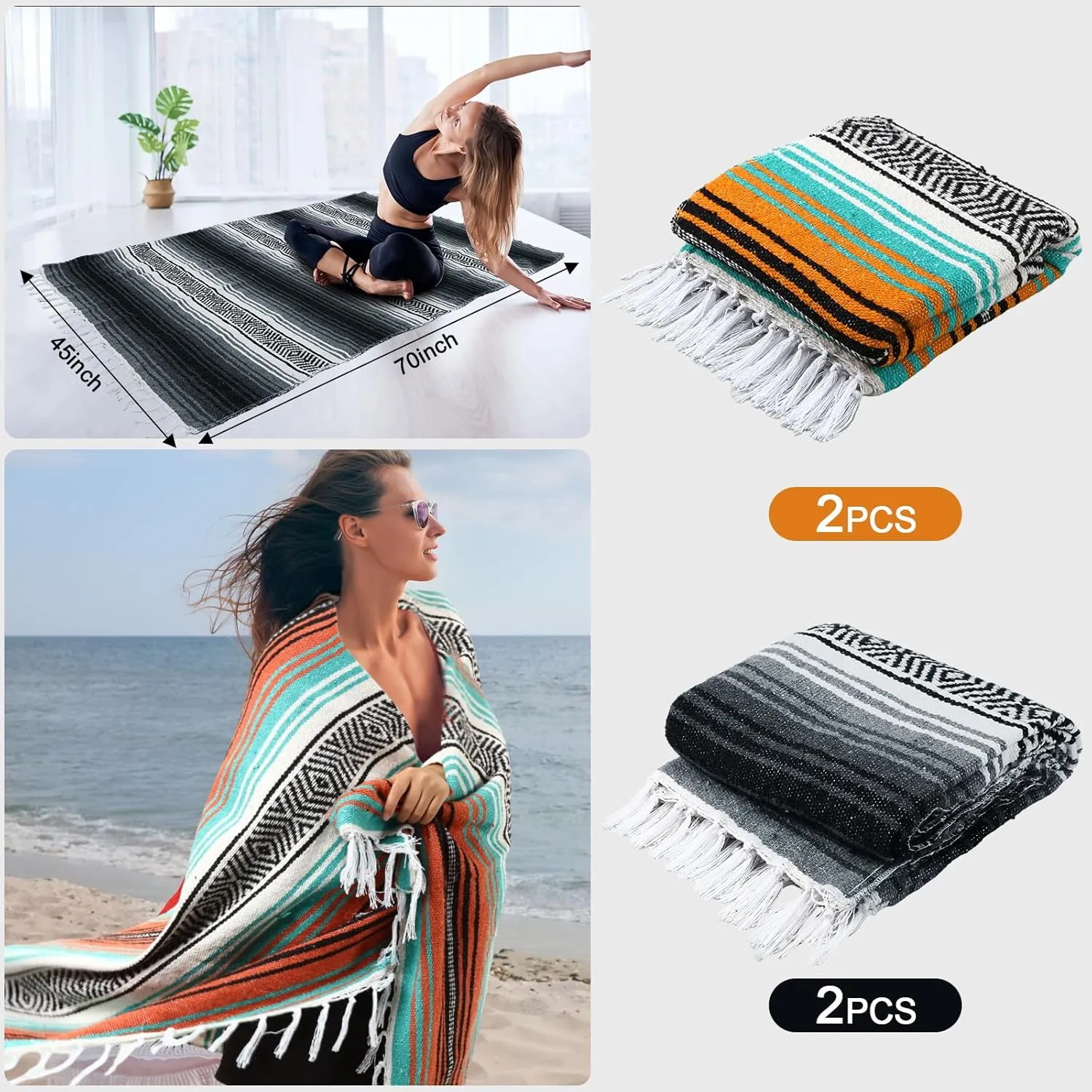 Preboun 4 Pcs Large Mexican Yoga Blanket Pack 45 x 70 Inch Thick Woven Camping Picnic Beach Car Travel Throw Blanket Outdoor Patio Mat Towel